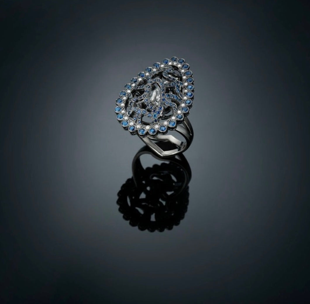 VARIOUS- 19R 18k solid gold ring with black rhodium,diamonds brilliant cut and blue sapphires