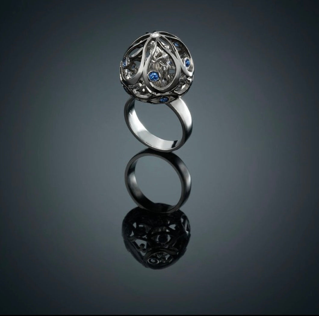 VARIOUS-17R-18k solid gold ring with black rhodium ,blue sapphires and diamonds brilliant cut