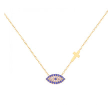 Load image into Gallery viewer, 925 sterling silver evil eye and cross necklace with 24K gold plated 1.20cm-0.70cm
