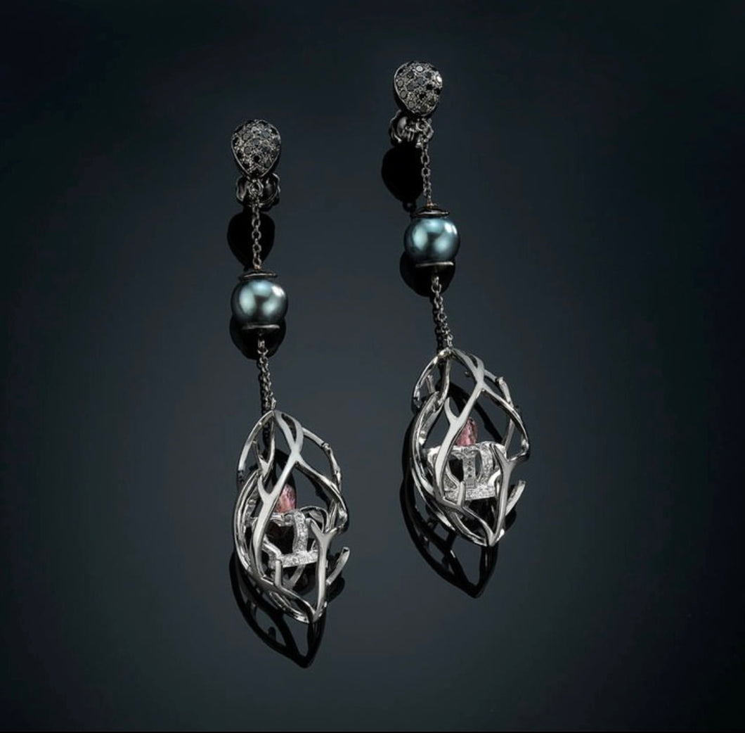 LOST PRINCESS -52E- 18k solid Gold with black rhodium earrings ,black and white diamonds brilliant cut,pink tourmalines and tahitian black pearls