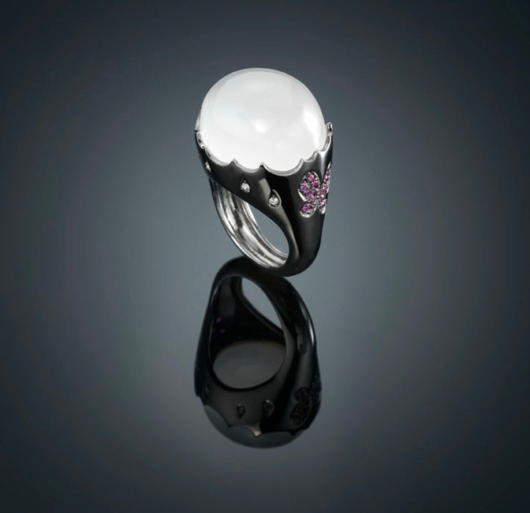 VARIOUS -20R- 18k solid Gold ring with black rhodium, Milky Quartz, diamonds brilliant cut, pink sapphires and amethysts