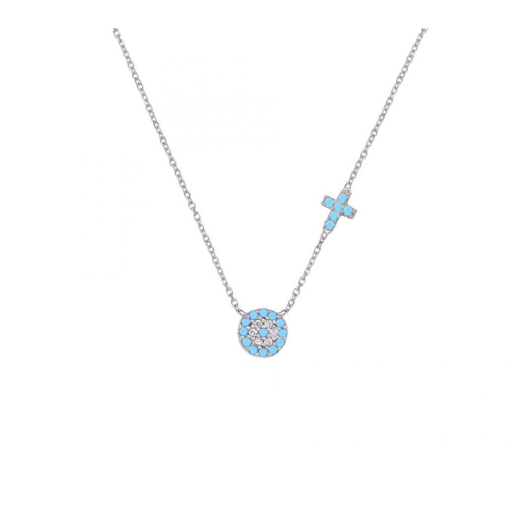 925 sterling silver evil eye and cross necklace with 24K white gold plated 0.50cm-0.50cm