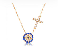 Load image into Gallery viewer, 925 sterling silver evil eye and cross necklace with 24K gold plated 1cm-1cm
