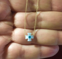 Load image into Gallery viewer, 925 Silver chain with 24k gold plated and evil eye cross mother of pearl pendant

