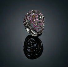 Load image into Gallery viewer, RUN AWAY -25R- 18k solid Gold ring with black rhodium rubies and diamonds brilliant cut
