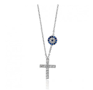 925 sterling silver evil eye and cross necklace with 24K white gold plated 0.80cm-1cm