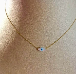 925 Silver chain with 24k gold plated and evil eye mother of pearl pendant 1cm