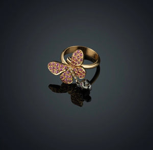 VICTORY OF THE SOUL-55R- 18k solid rose Gold ring with diamonds brilliant cut, pink sapphires and rubies