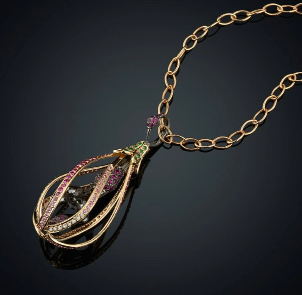 DECEPTION -63Ρ-18k solid rose Gold pendant with diamonds,rubies , tsavorites and pink sapphires