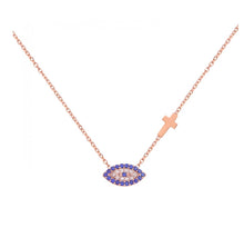 Load image into Gallery viewer, 925 sterling silver evil eye and cross necklace with 24K rose gold plated 1.20cm-0.70cm

