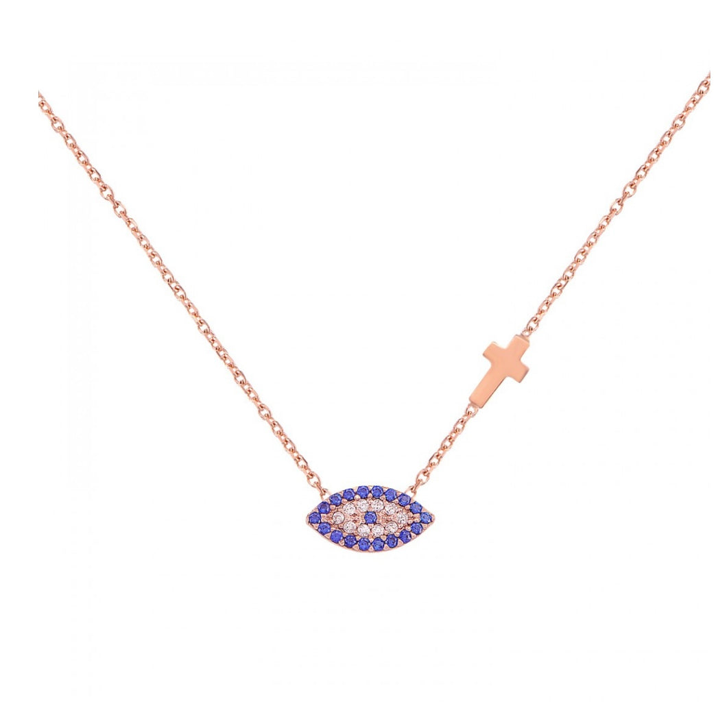 925 sterling silver evil eye and cross necklace with 24K rose gold plated 1.20cm-0.70cm