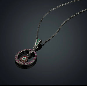 DECEPTION -58P- 18k solid Gold Necklace with black rhodium, white diamonds brilliant cut, emeralds, rubies and orange sapphires