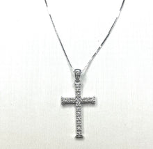 Load image into Gallery viewer, 18k solid white Gold Cross diamonds brilliant cut and14k white gold chain
