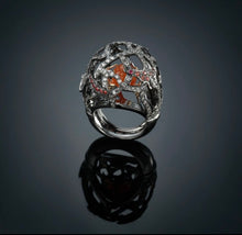 Load image into Gallery viewer, VARIOUS -27R- 18k solid Gold ring with black rhodium, grey diamonds brilliant cut ,orange sapphires and cornelian heart
