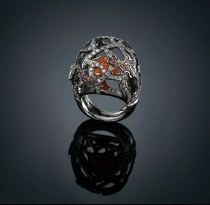 VARIOUS -27R- 18k solid Gold ring with black rhodium, grey diamonds brilliant cut ,orange sapphires and cornelian heart