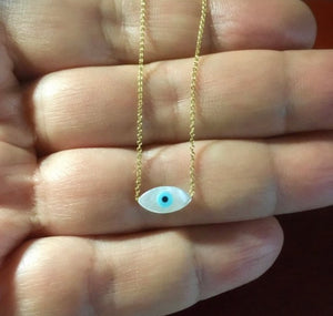 925 Silver chain with 24k gold plated and evil eye mother of pearl pendant 1cm