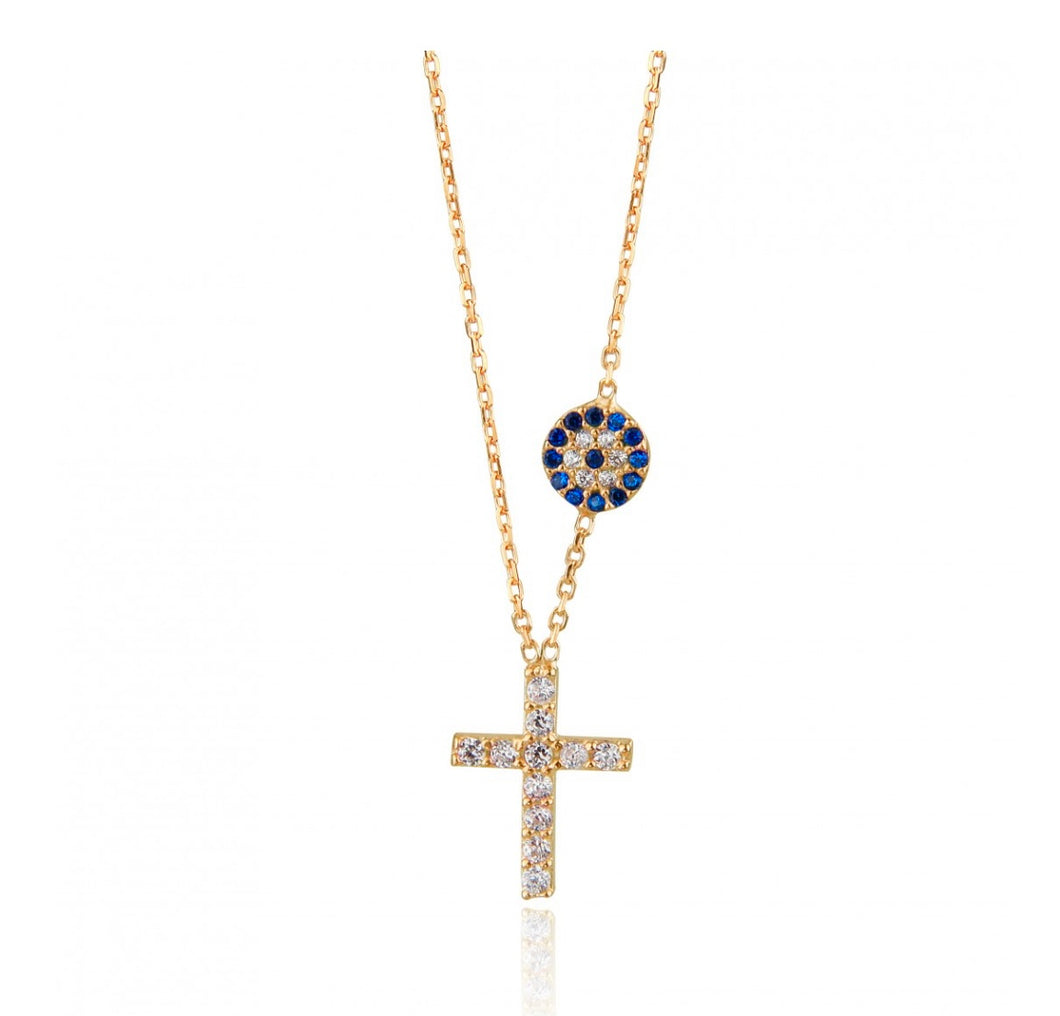 925 sterling silver evil eye and cross necklace with 24K gold plated 0.80cm-1cm