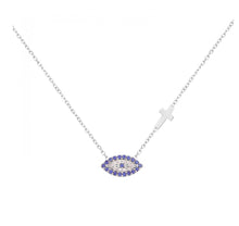 Load image into Gallery viewer, 925 sterling silver evil eye and cross necklace with 24K white gold plated 1.20cm-0.70cm
