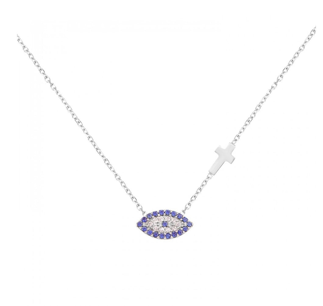 925 sterling silver evil eye and cross necklace with 24K white gold plated 1.20cm-0.70cm