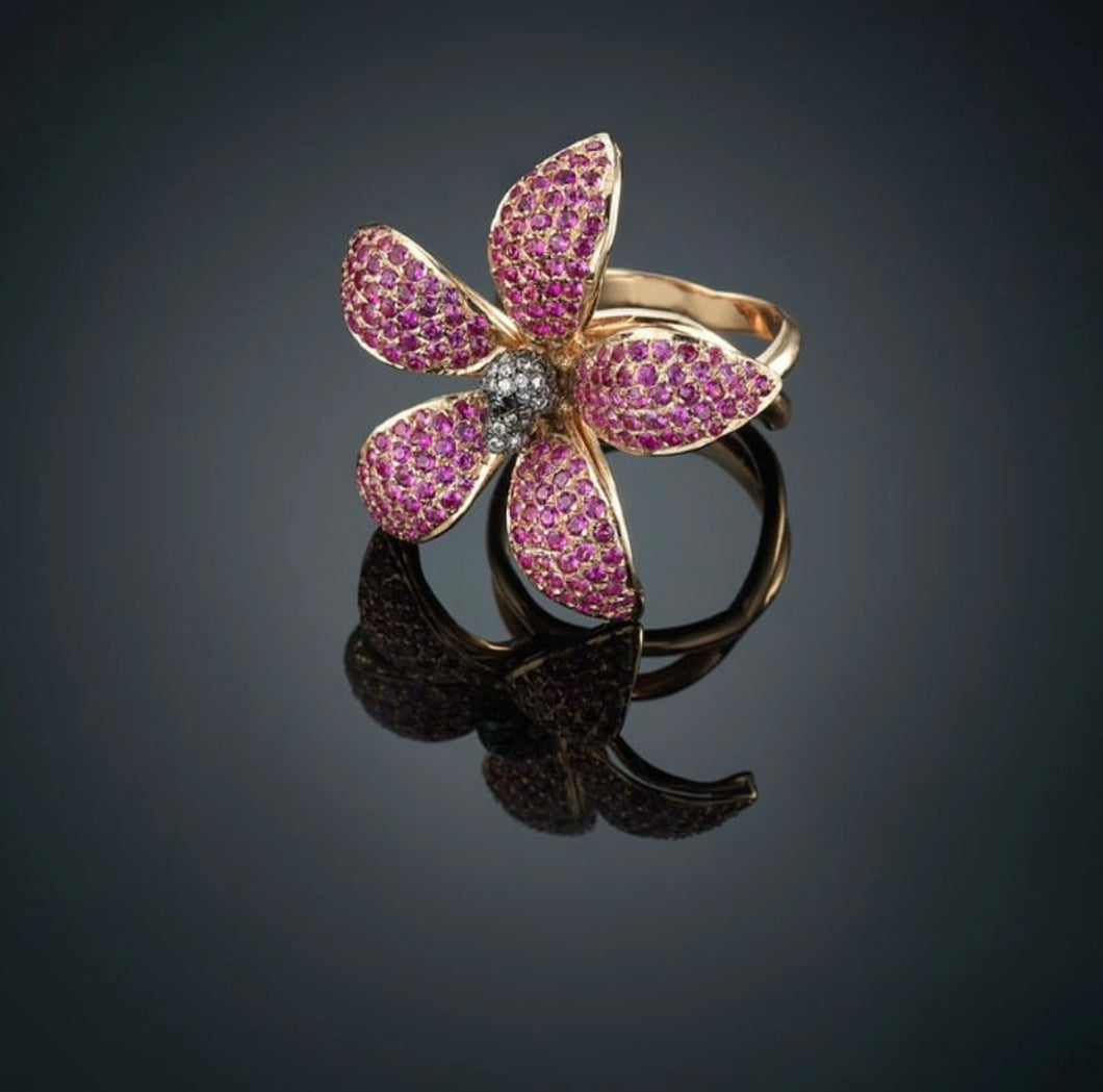 BEAUTY AND DARKNESS -29R- 18k solid rose Gold ring with diamonds brilliant cut and pink sapphires