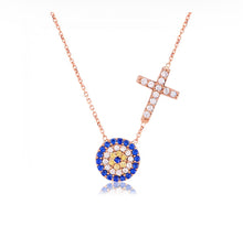 Load image into Gallery viewer, 925 sterling silver evil eye and cross necklace with 24K gold plated 1cm-1cm
