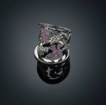 Load image into Gallery viewer, BEAUTY AND DARKNESS -28R- 18k solid Gold ring with black rhodium ,black, brown and with diamonds brilliant cut,pink tourmalines and tsavorites
