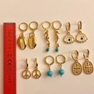 Brass hoop earrings NF with charm and 24k gold plated Greek evil eye earrings hoop