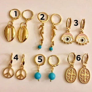 Brass hoop earrings NF with charm and 24k gold plated Greek evil eye earrings hoop