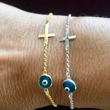 Load image into Gallery viewer, 925 sterling silver Evil eye Bracelet with cross and 24k gold plated

