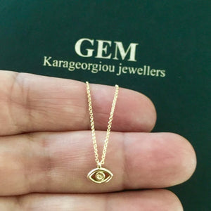 14k Solid Gold Evil Eye Charm Necklace,  Greek Evil Eye charm necklace