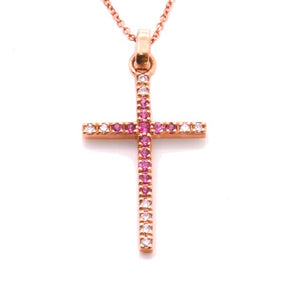 18k solid Gold Cross Pink Sapphires brilliant cut and Natural Diamonds brilliant cut necklace