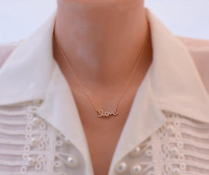 18K Solid rose Gold LOVE necklace with diamonds Brilliant cut