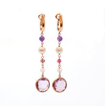 Load image into Gallery viewer, 14k solid rose Gold Earrings with tourmalines amethysts rose quartz and pearls, wedding earrings
