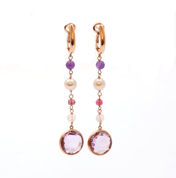 14k solid rose Gold Earrings with tourmalines amethysts rose quartz and pearls, wedding earrings
