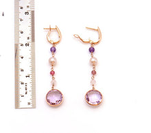 Load image into Gallery viewer, 14k solid rose Gold Earrings with tourmalines amethysts rose quartz and pearls, wedding earrings
