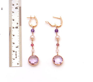 14k solid rose Gold Earrings with tourmalines amethysts rose quartz and pearls, wedding earrings