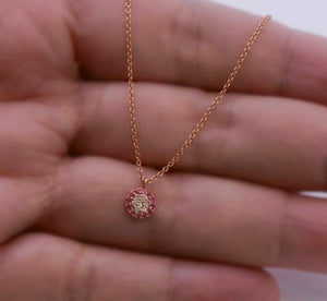 18K Solid rose Gold pendant,18k charm rose gold with Diamond and Pink Sapphire,18k solid rose gold chain,18k solid Rose Gold necklace