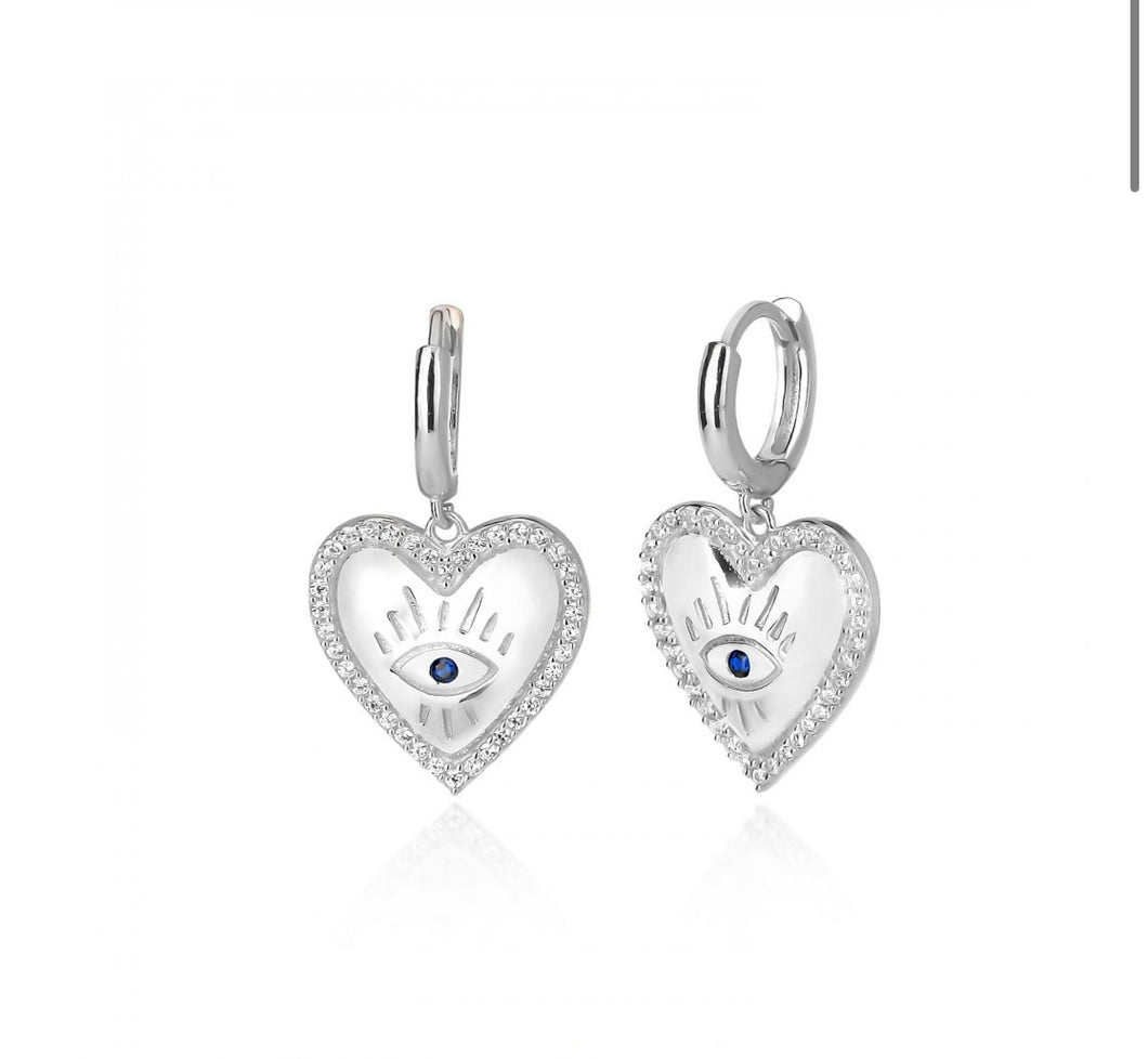 925 sterling silver hoops heart evil eye earring with 24k white gold plated 2,70cm-1,50cm