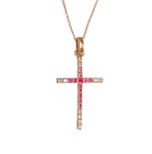Load image into Gallery viewer, 18k solid Gold Cross Pink Sapphires brilliant cut and Natural Diamonds brilliant cut necklace
