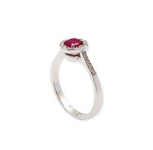 18K solid white gold Ring with Ruby and  Diamonds ,brilliant cut Ring , solitaire, engagement ring, cocktail ring