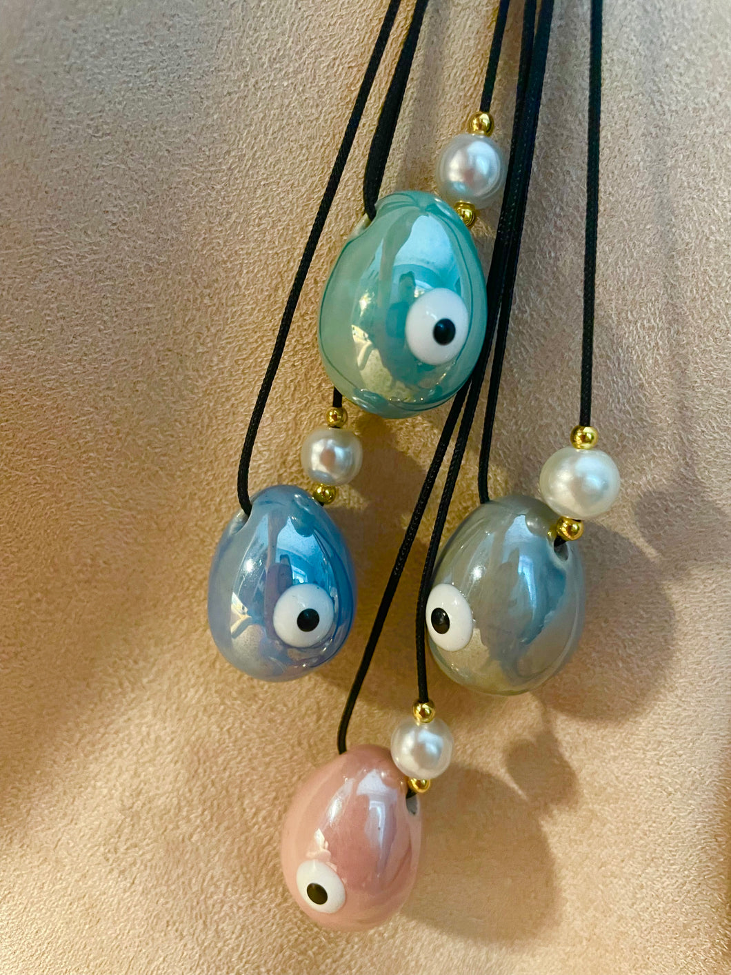 Handmade Easter Evil Eye  Eggs Pendant  with pearl and black cord