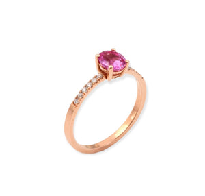 18K solid rose gold ring with Fuchsia sapphire, solitaire engagement ring, oval brilliant cut ,   Diamonds brilliant cut ,  natural stones